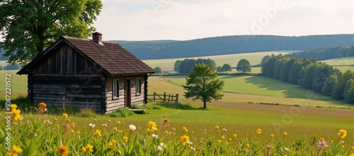 An idyllic summer scene of a Polish countryside landscape with old wooden houses amidst lush fields meadows and vibrant flowers depicted in an oil painting style