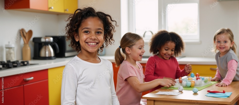 A cheerful African American child smiles brightly as she enjoys cooking time with her family A cheerful African American child smiles brightly as she enjoys cooking time with her family