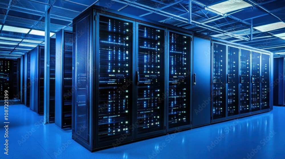 A modern data center featuring rows of server racks illuminated by blue lights. A modern data center featuring rows of server racks illuminated by blue lights.