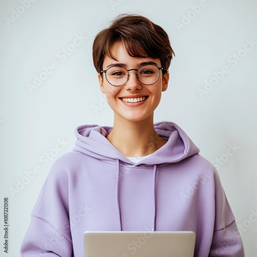 Photo of young buisnesswomen with short hair and glasses smiling, she is wearing purple hoodie and holding laptop in hands, white background,generative ai photo