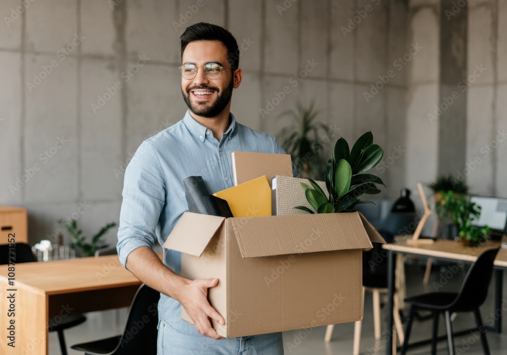 Happy employee is leaving the office carrying a box with his belongings, including a plant Happy employee is leaving the office carrying a box with his belongings, including a plant