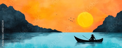 A serene sunset scene featuring a silhouette of a lone fisherman in a boat, surrounded by tranquil waters and silhouetted mountains.