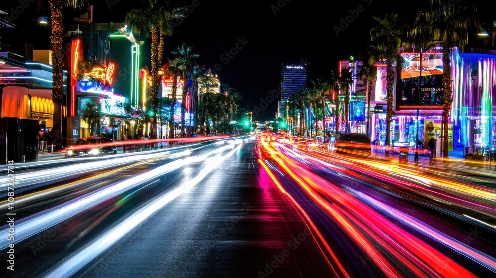 A vibrant city street at night, illuminated by colorful lights and moving traffic. A vibrant city street at night, illuminated by colorful lights and moving traffic.