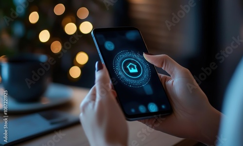 A close-up view of a woman's hands holding a smartphone, showcasing a home icon on the screen against a softly lit background, capturing modern technology in a cozy setting.