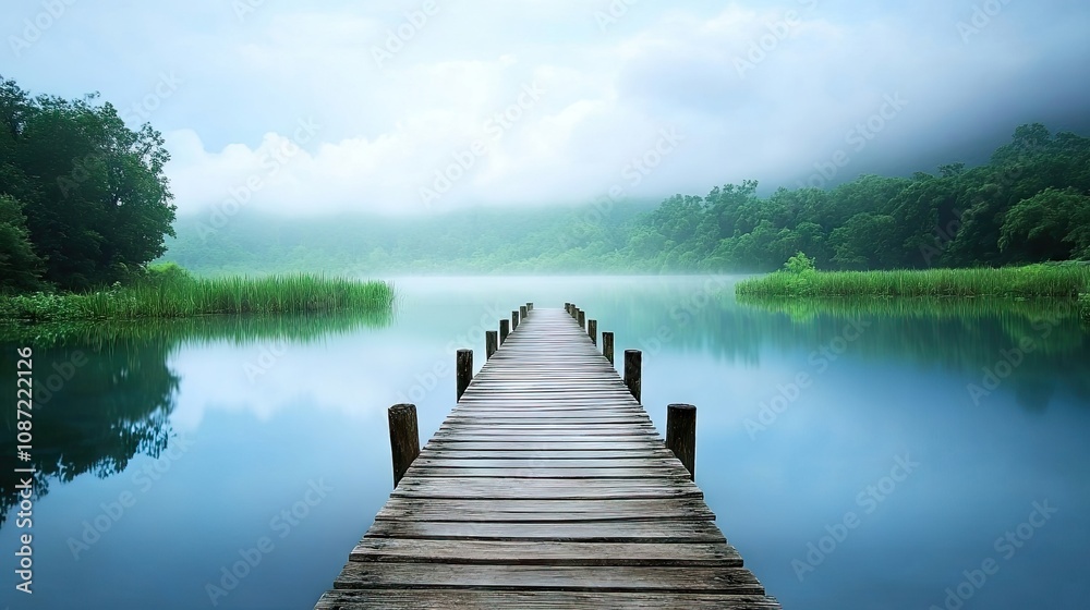Fototapeta premium Wooden dock extending over tranquil blue water, surrounded by wetlands and lush evergreen forest beneath a cloudy sky, offering a captivating natural scene with ample copy space.