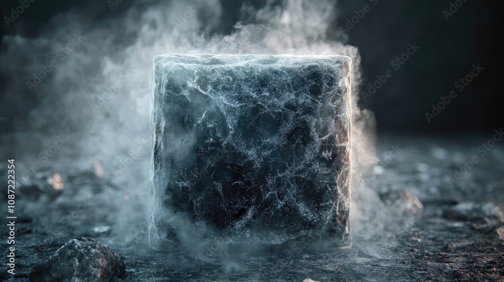 A container filled with solid fuel designed to resemble a block of dirty ice, perfect for illustrating concepts related to energy and transportation. Ample copy space available. A container filled with solid fuel designed to resemble a block of dirty ice, perfect for illustrating concepts related to energy and transportation. Ample copy space available.