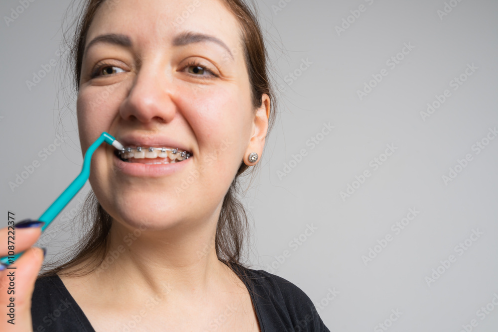Young cheerful woman does hygiene for braces Young cheerful woman does hygiene for braces