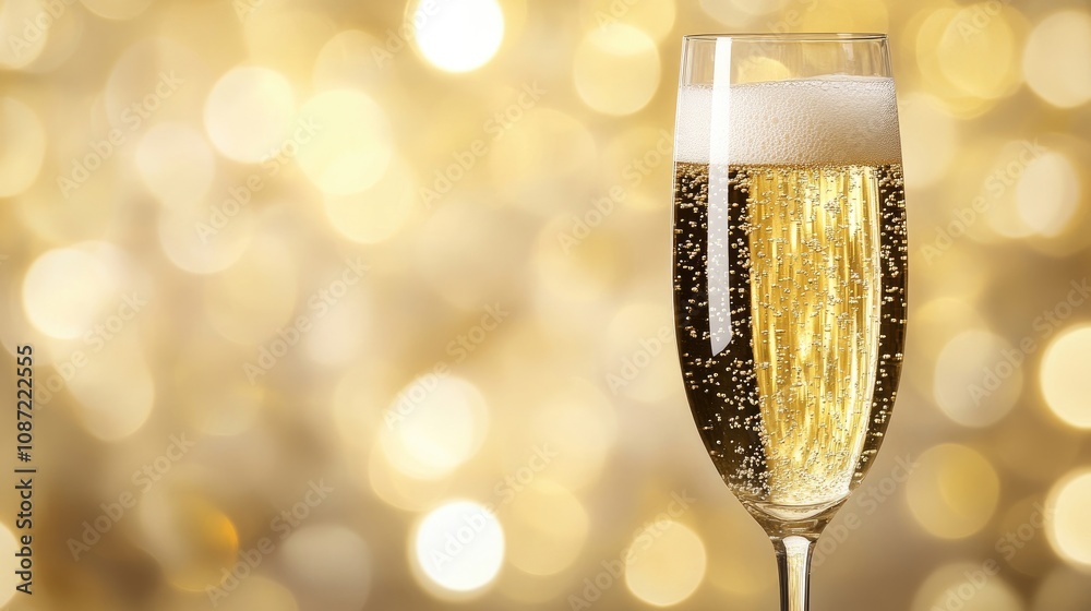 Champagne flute filled with sparkling bubbles set against a golden bokeh backdrop. Ideal for capturing the essence of celebration and New Years Eve moments with ample copy space. Champagne flute filled with sparkling bubbles set against a golden bokeh backdrop. Ideal for capturing the essence of celebration and New Years Eve moments with ample copy space.