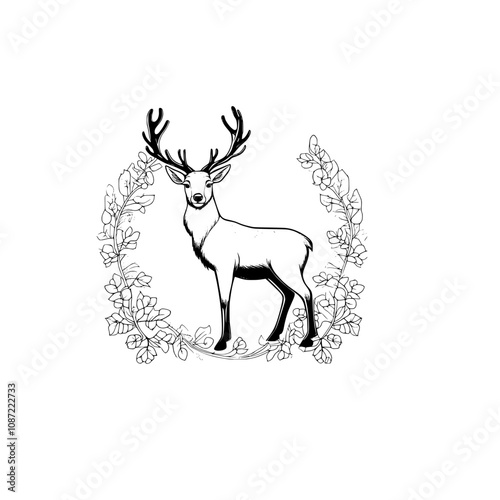 A line drawing of a deer standing in a circular frame of flowers SVG illustration art 