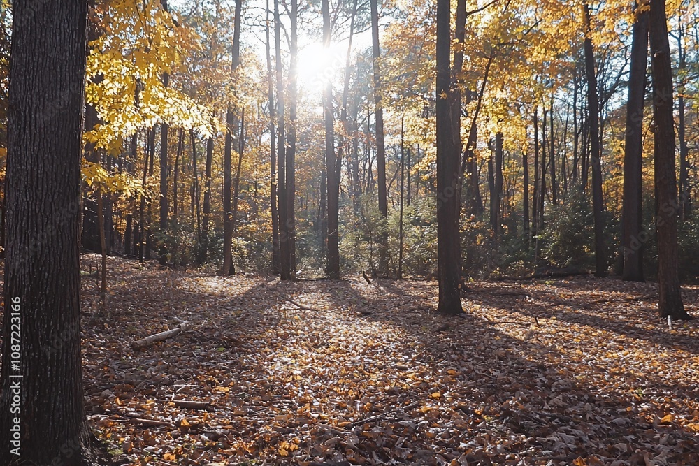 Fototapeta premium Autumn Glow: A Tranquil Forest Captured in Golden Light