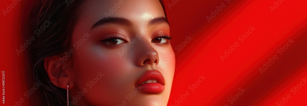 Obraz premium A striking portrait featuring a woman against a vibrant red gradient background. The subtle lighting enhances her features and creates a captivating atmosphere.