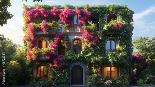 Vibrant urban architecture adorned with flourishing vines and colorful seasonal blooms, showcasing nature's embrace in a cityscape photo