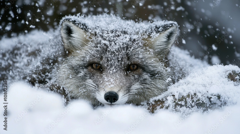 Fototapeta premium Arctic Fox Camouflaged Amidst Snowy Landscape, Expertly Blending with Surrounding Snow-Covered Terrain in a Winter Wonderland Scene