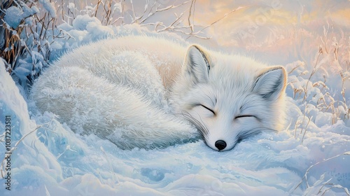 A Serene Arctic Fox Curled Up in a Cozy Den, Its White Fur Blending with the Soft Snowy Landscape in a Tranquil Winter Setting