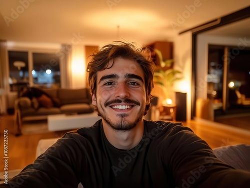 happy millennial man smiling while taking a selfie in a modern living room, surrounded by stylish furniture and warm lighting photo