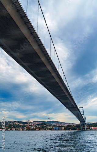 view from a pleasure boat on the Bosphorus and Bosphorus Bridge and cityscape of Istanbul, Turkey, the architecture of the city, a popular tourist destination.