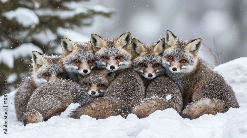 Obraz premium A Heartwarming Gathering of Arctic Foxes Snuggling Together in the Snow, Showcasing Their Close-Knit Bond and Resilience in a Winter Wonderland