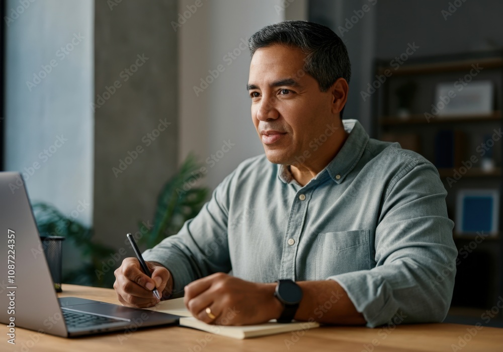 Mature professional man writing notes while looking away and thinking during online meeting at workplace Mature professional man writing notes while looking away and thinking during online meeting at workplace
