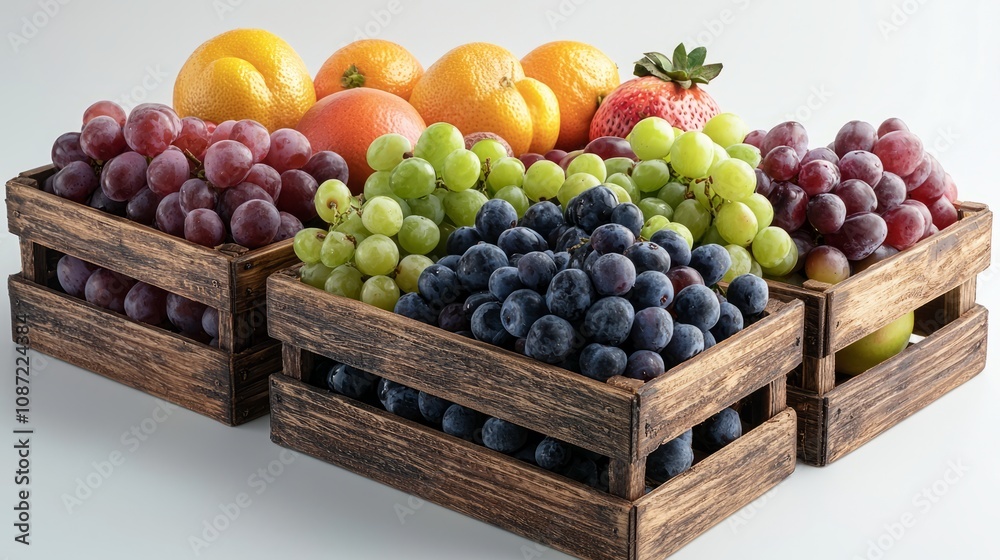 Fresh Fruits in Rustic Wooden Baskets Arrangement