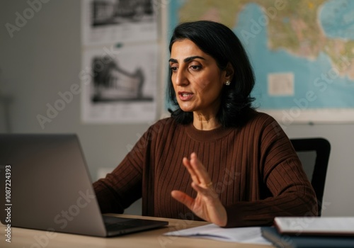 Focused mature indian professor gesturing while having a video conference on laptop in her office