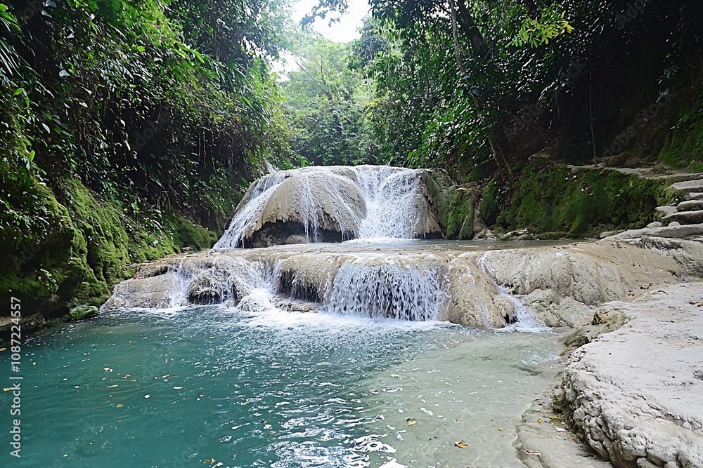 Obraz premium Serene Waterfall in a Lush Tropical Jungle