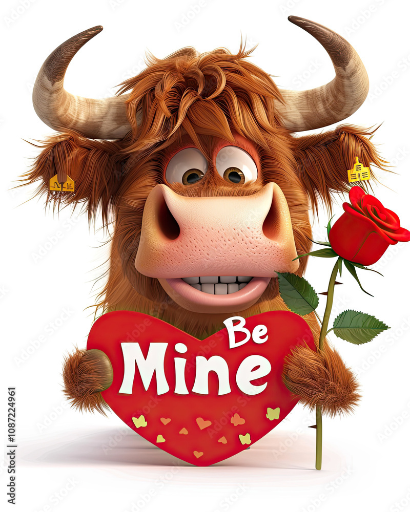 Charming Highland Cow Holding a Red Heart with