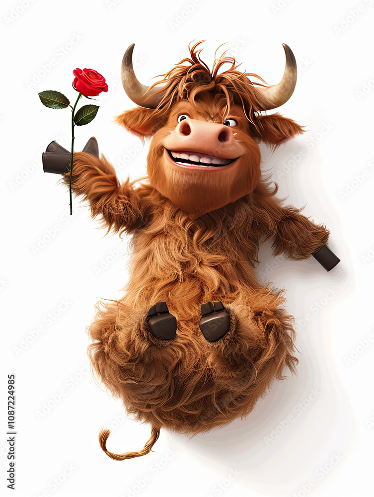 Playful Highland Cow Holding a Red Rose, Smiling Charmingly in 3D Cartoon Style
