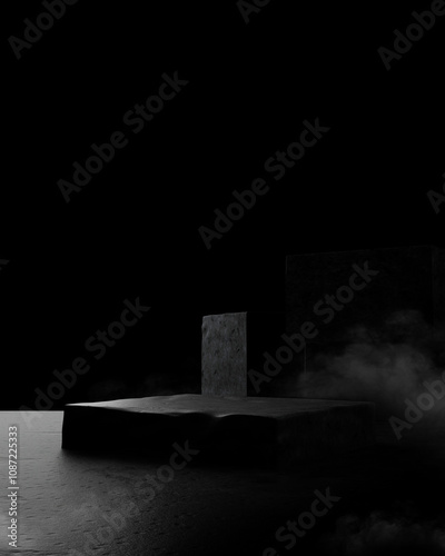 Dark Abstract Rock Platform with Smoke and Shadows