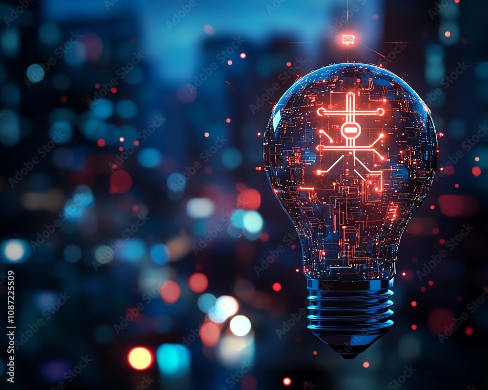 Holographic light bulb and circuit patterns forming an AI system logo, set against a blurred cityscape at night, futuristic generative AI illustration Holographic light bulb and circuit patterns forming an AI system logo, set against a blurred cityscape at night, futuristic generative AI illustration