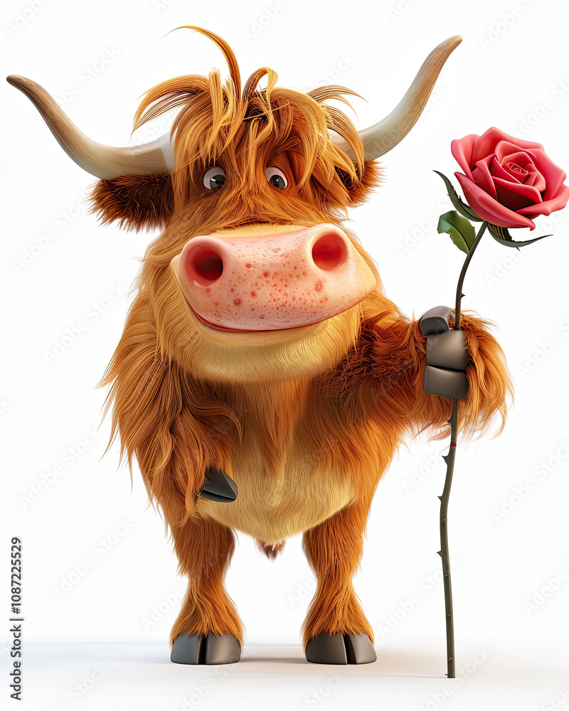 Charming Cartoon Highland Cow Offering a Rose, Perfect for Romantic Occasions