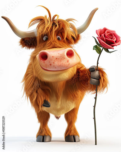 Obraz na płótnie Charming Cartoon Highland Cow Offering a Rose, Perfect for Romantic Occasions w salonie