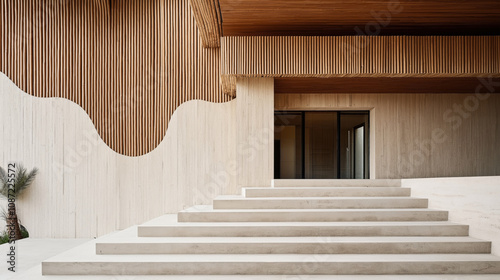 Modern architectural entrance with textured stone steps and vertical wooden slat ceiling and wall design.