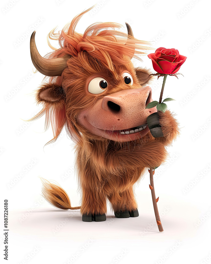 Highland Cow Holding a Red Rose in a Romantic Pose