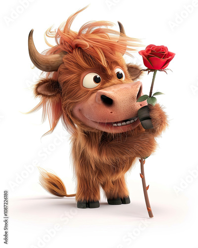 Obraz na płótnie Highland Cow Holding a Red Rose in a Romantic Pose w salonie