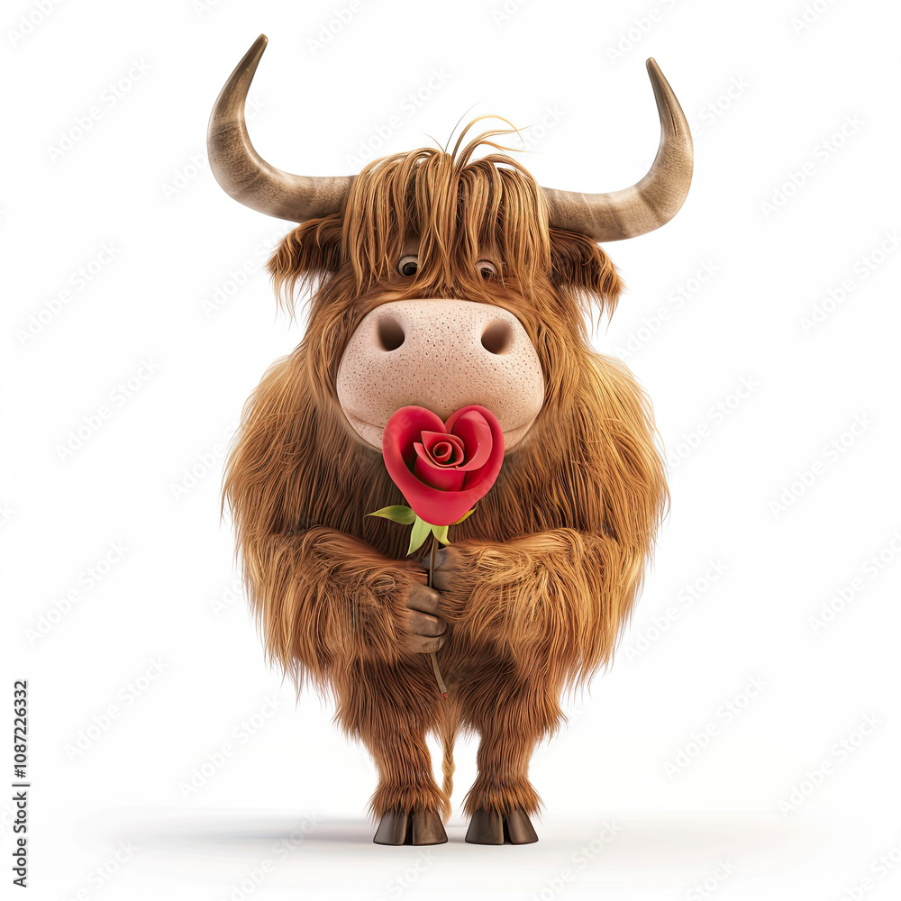 A delightful 3D-inspired highland cow holding a red rose, capturing the essence of love and celebration. The soft, detailed features and vibrant colors create a joyful Valentine’s theme.