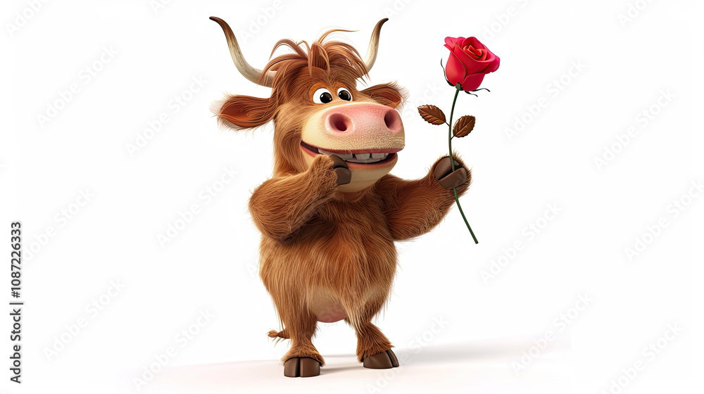 A cheerful cartoon-style highland cow holding a single red rose, exuding a sense of charm and affection. Its playful expression and detailed fur textures bring warmth to the scene.