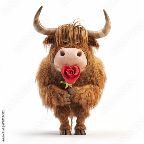 Obraz na płótnie A delightful 3D-inspired highland cow holding a red rose, capturing the essence of love and celebration. The soft, detailed features and vibrant colors create a joyful Valentine’s theme. w salonie
