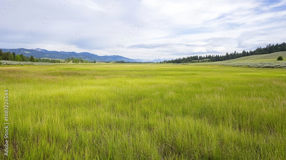 A serene landscape featuring a vast green field under a cloudy sky, surrounded by distant mountains and gently rolling hills. A serene landscape featuring a vast green field under a cloudy sky, surrounded by distant mountains and gently rolling hills.