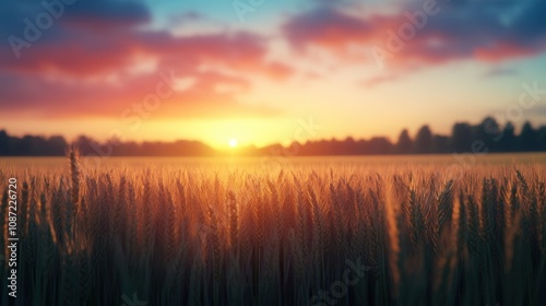 A serene sunset over a golden wheat field, with vibrant colors blending in the sky and silhouetted trees in the distance.