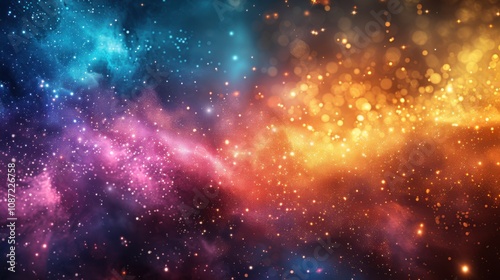 Colorful cosmic backdrop featuring bright stars and swirling nebulae in a deep space setting