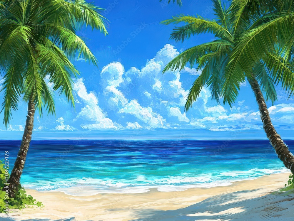 lush tropical beach scene with swaying palm trees and a sparkling ocean view, painted in vibrant hues of blue and green. the tranquil atmosphere invites relaxation and escape lush tropical beach scene with swaying palm trees and a sparkling ocean view, painted in vibrant hues of blue and green. the tranquil atmosphere invites relaxation and escape