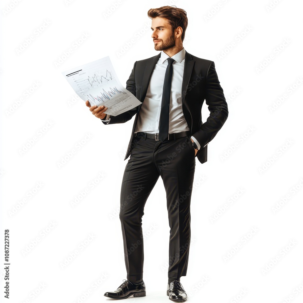 A successful investor holding a stock market report, business attire and confident posture, isolated on white background A successful investor holding a stock market report, business attire and confident posture, isolated on white background