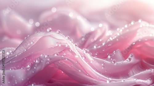 Soft pink petals adorned with delicate water droplets creating a serene atmosphere in a gentle light setting