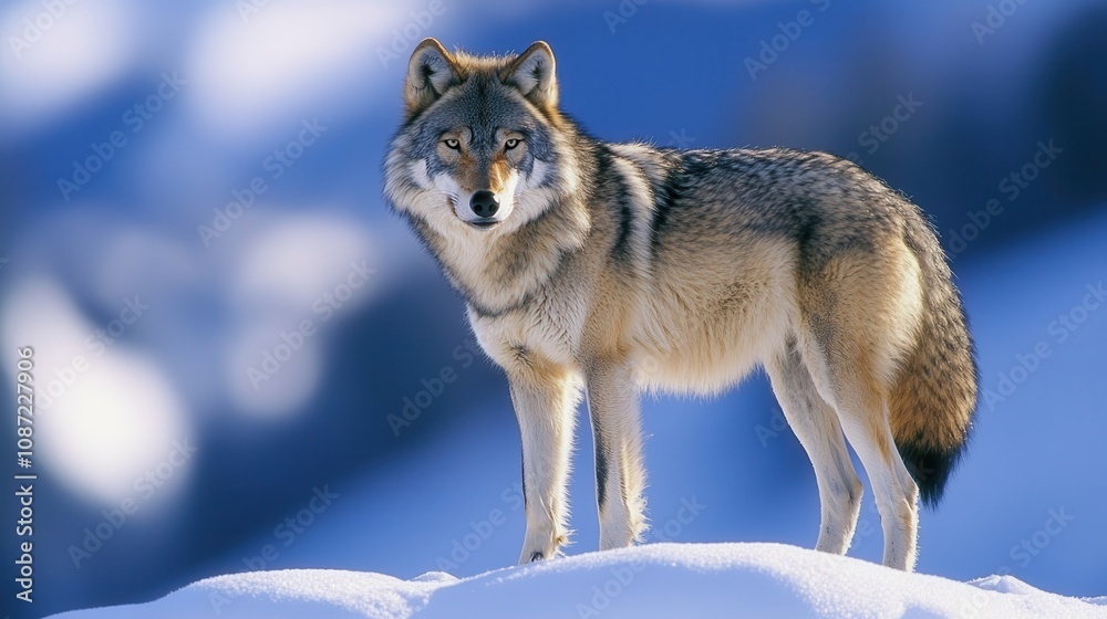 Obraz premium Majestic Wolf Standing Still in the Snow, Capturing the Beauty of Its Changing Fur in a Serene Winter Landscape