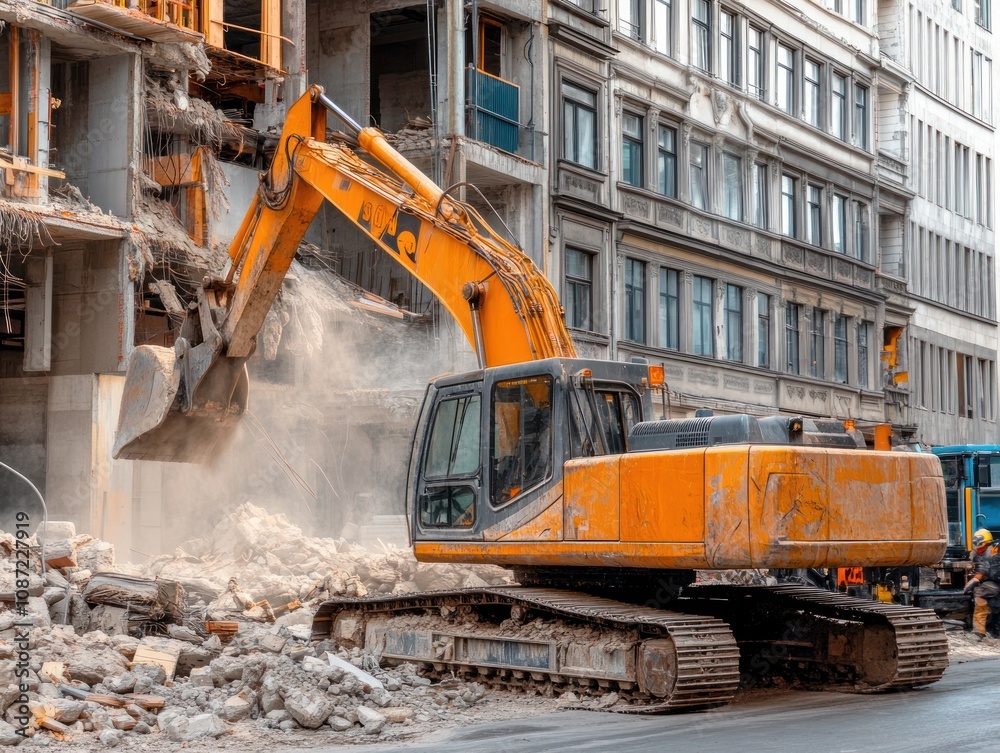 An excavator demolishing a building, creating dust and debris in an urban environment. An excavator demolishing a building, creating dust and debris in an urban environment.