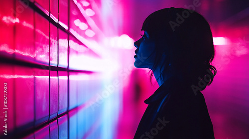 A woman stands in silhouette against vibrant neon lights in an urban alleyway at night