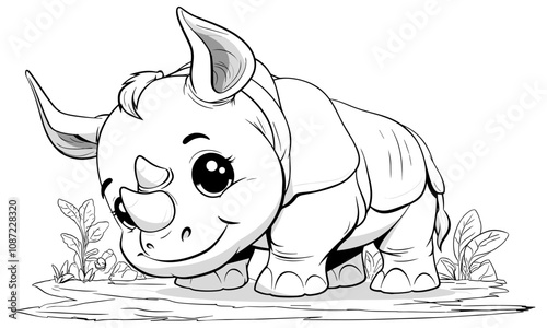 Cute Rhinoceros Cartoon Character Coloring Page for Kids Adorable Rhino Illustration Fun Drawing for Children Playful Animal Scene Charming Wildlife Art Page