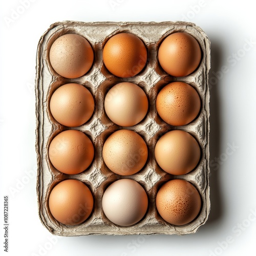 A dozen chicken eggs in a cardboard carton, detailed texture and natural tones, isolated on white background