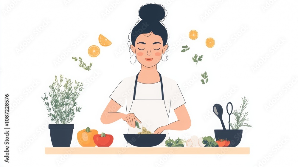 Culinary Focus, Woman preparing a nutritious dish with vibrant fresh ingredients, embodying dedication and health-conscious cooking. Culinary Focus, Woman preparing a nutritious dish with vibrant fresh ingredients, embodying dedication and health-conscious cooking.