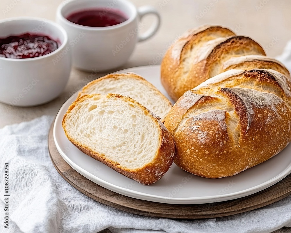 Freshly baked bread rolls served with jam and tea, perfect for a cozy breakfast or snack. Freshly baked bread rolls served with jam and tea, perfect for a cozy breakfast or snack.